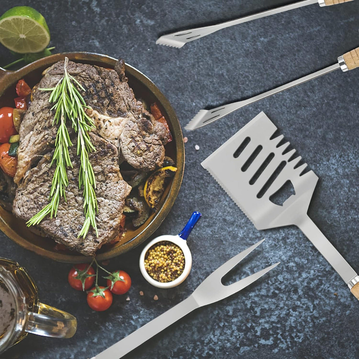 Geburtstagsgeschenk für Männer 3 Teiliges Barbecue Tool Set Edelstahl Holz
