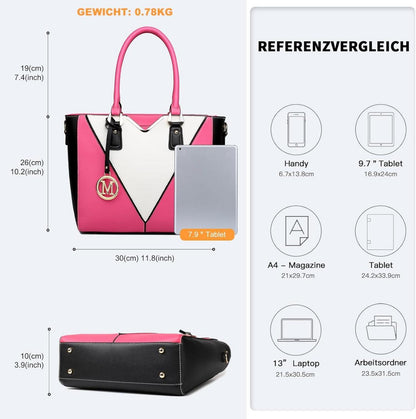 Miss Lulu Damen Handtasche Schultertasche Shopper V-Design Kunstleder Schwarz