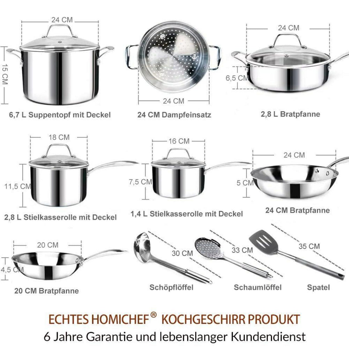 14-teiliges Edelstahl Kochgeschirr Set nickelfrei, 3-lagig