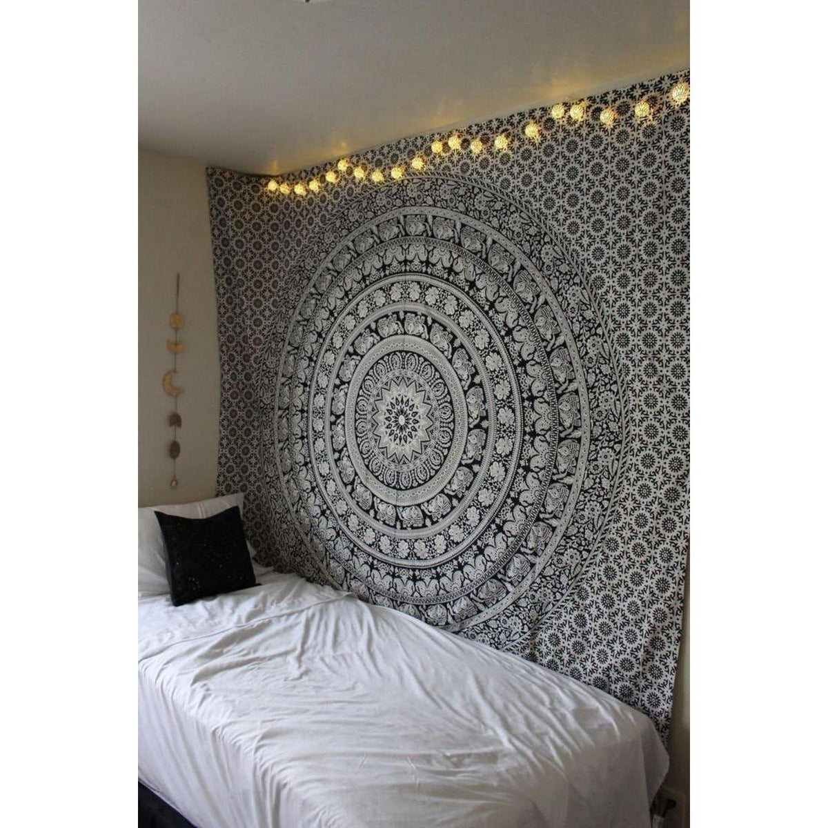 Wandteppich Mandala Schwarz Weiß Baumwolle 213x137 cm Boho