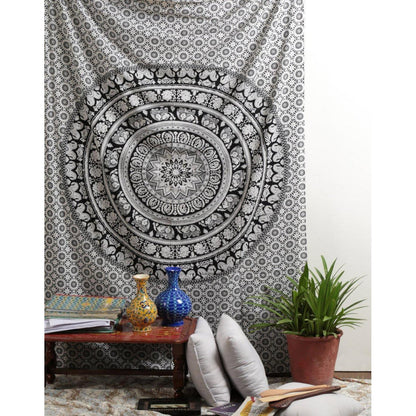 Wandteppich Mandala Schwarz Weiß Baumwolle 213x137 cm Boho