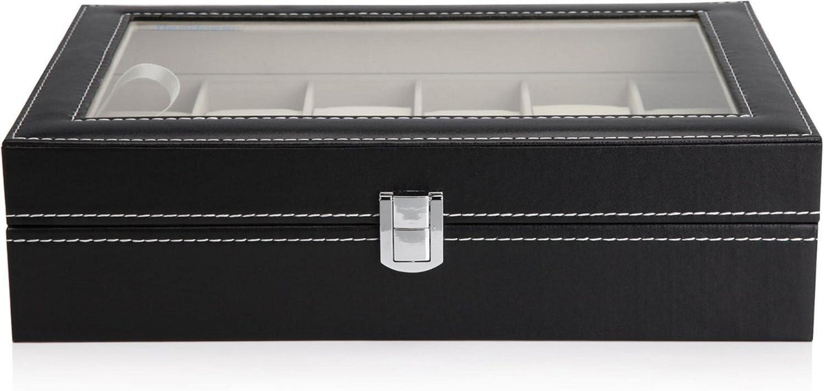 Uhrenbox für 12 Uhren mit Glasdeckel Samtfutter schwarz PU-Leder
