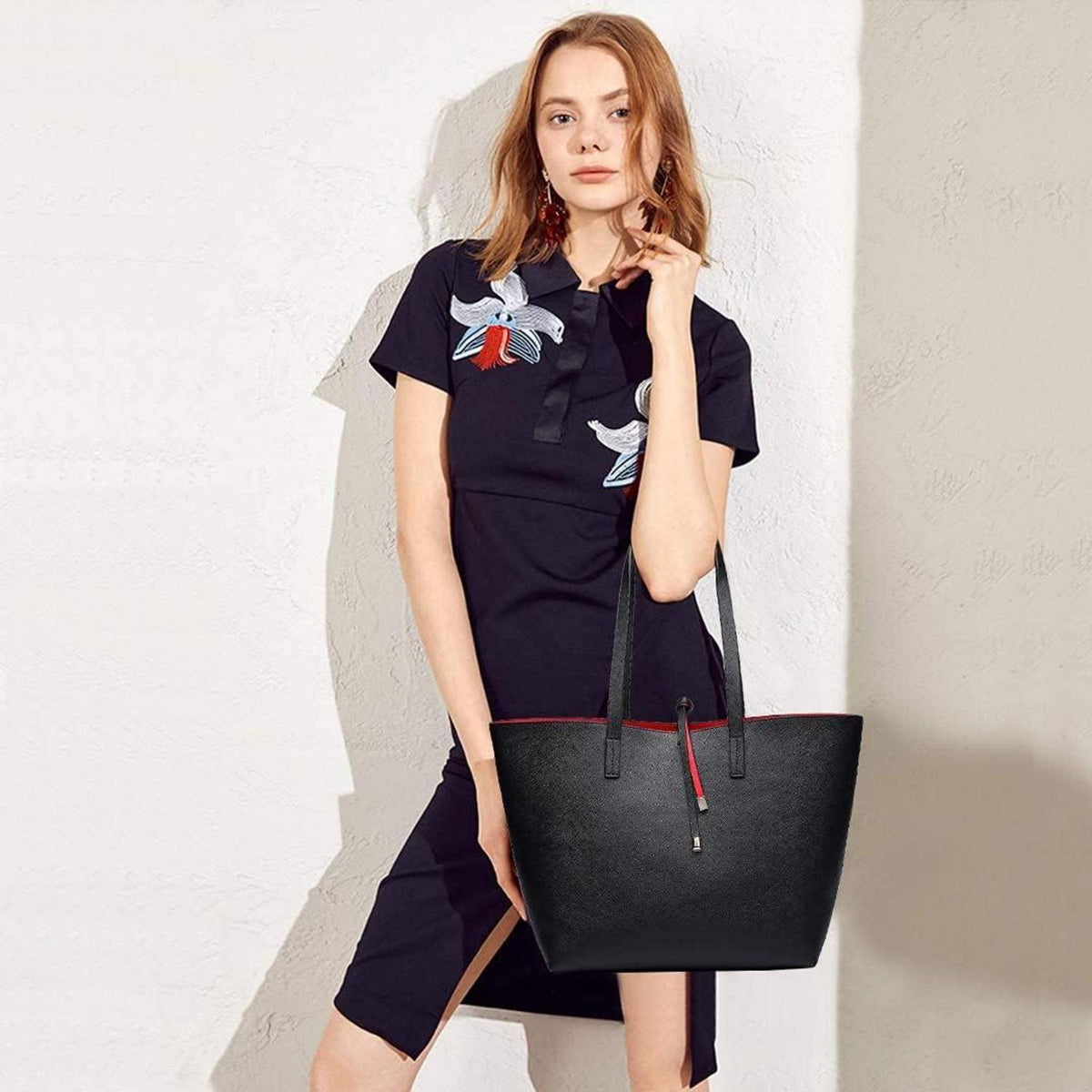 Modische große Damen Schultertasche Shopper Set aus PU-Leder, 2-teiliges