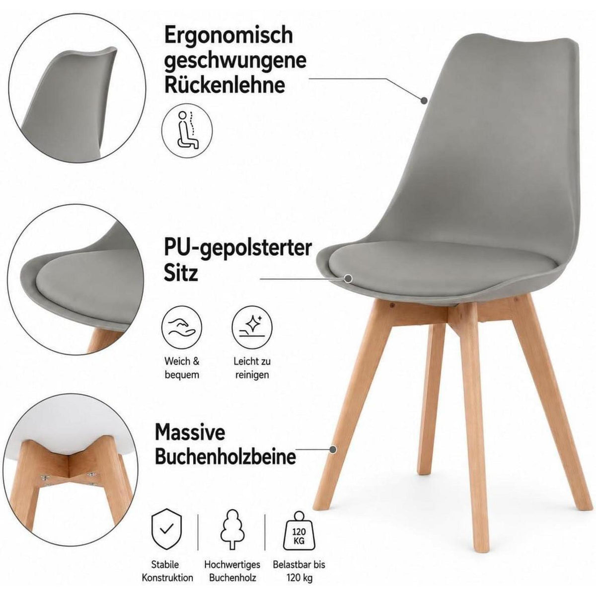 EGGREE Esszimmerstühle Set 4er - Skandinavisches Design, Grau