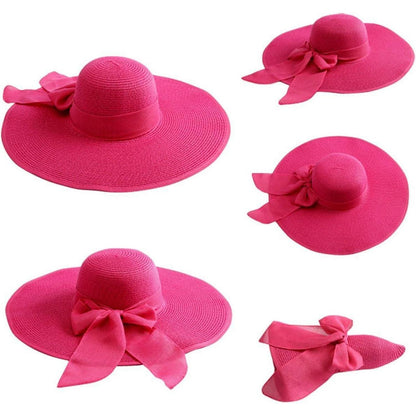 Damen Strohhut mit großer Schleife, Rose, faltbar
