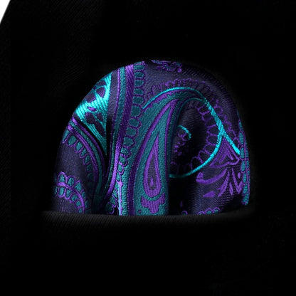 Krawatten-Set mit Einstecktuch Paisley Marineblau/Grün/Lila