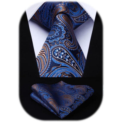 Krawatten-Set Herren Paisley Blau & Braun mit Einstecktuch