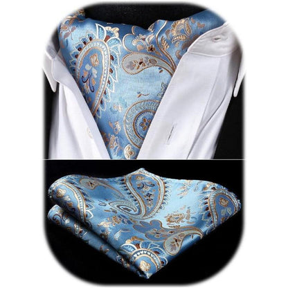 Herren Ascot Krawattenschal & Einstecktuch Set Blau/Gold