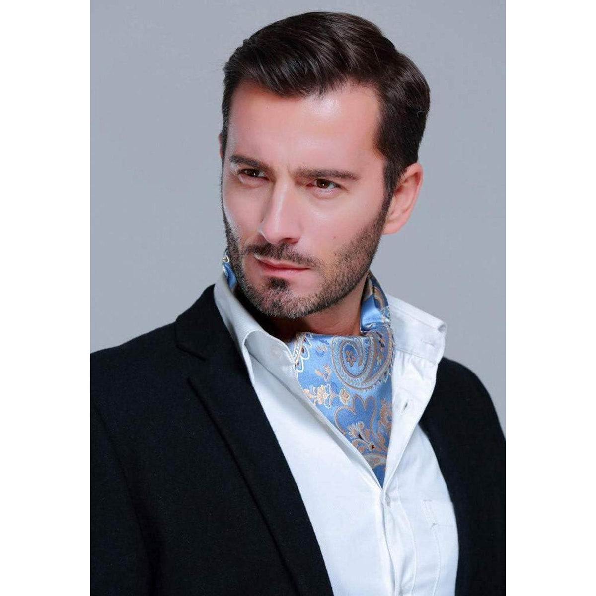 Herren Ascot Krawattenschal & Einstecktuch Set Blau/Gold