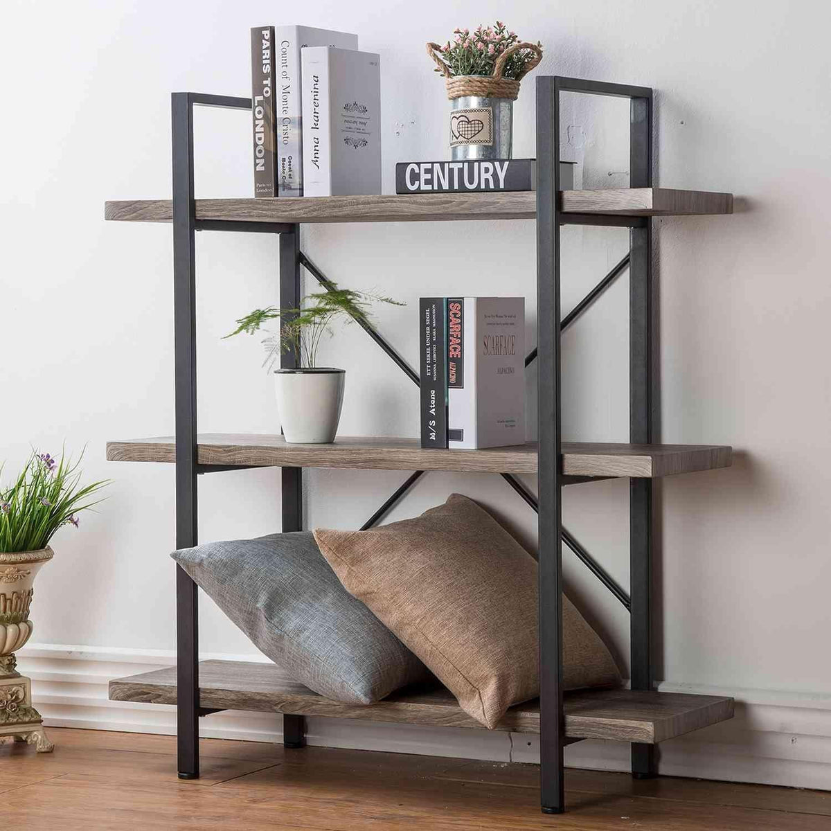 Industrielles Bücherregal Grau mit 3 Etagen – Metall & Holz