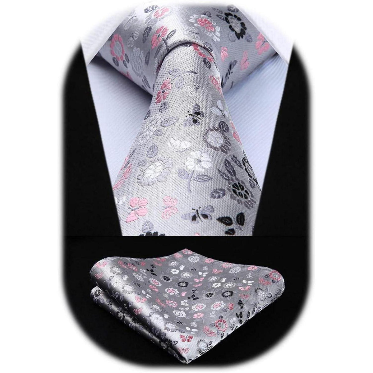 HISDERN Krawatten-Set Herren Seide Floral Grau/Rosa