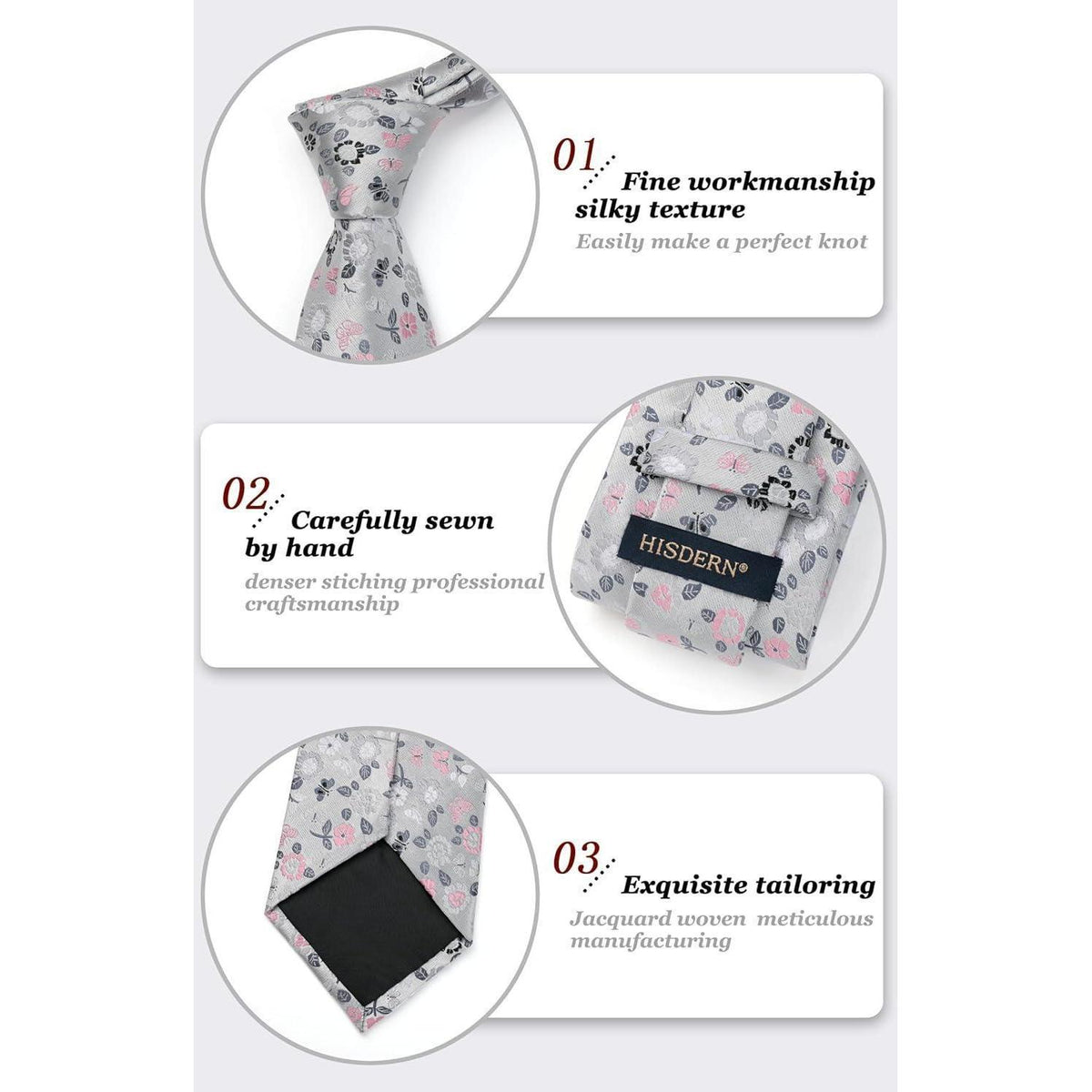 HISDERN Krawatten-Set Herren Seide Floral Grau/Rosa