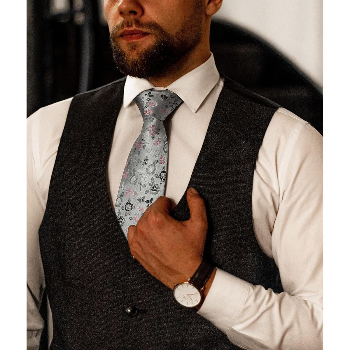 HISDERN Krawatten-Set Herren Seide Floral Grau/Rosa