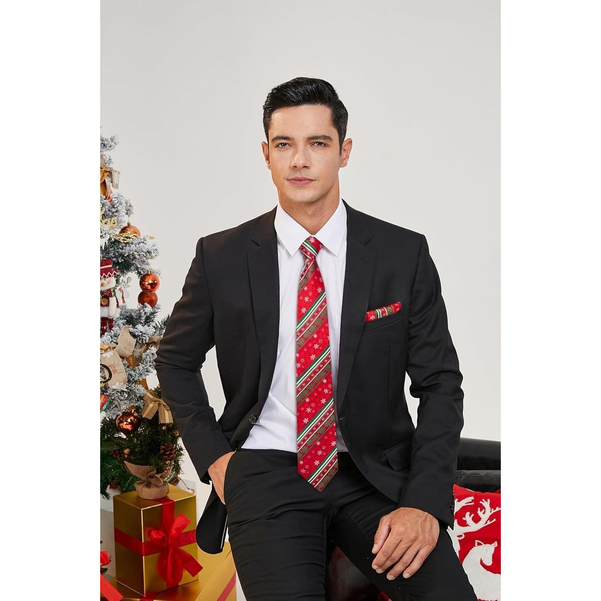 Herren Weihnachts Krawatte & Einstecktuch Set Schneeflocke Rot/Grün