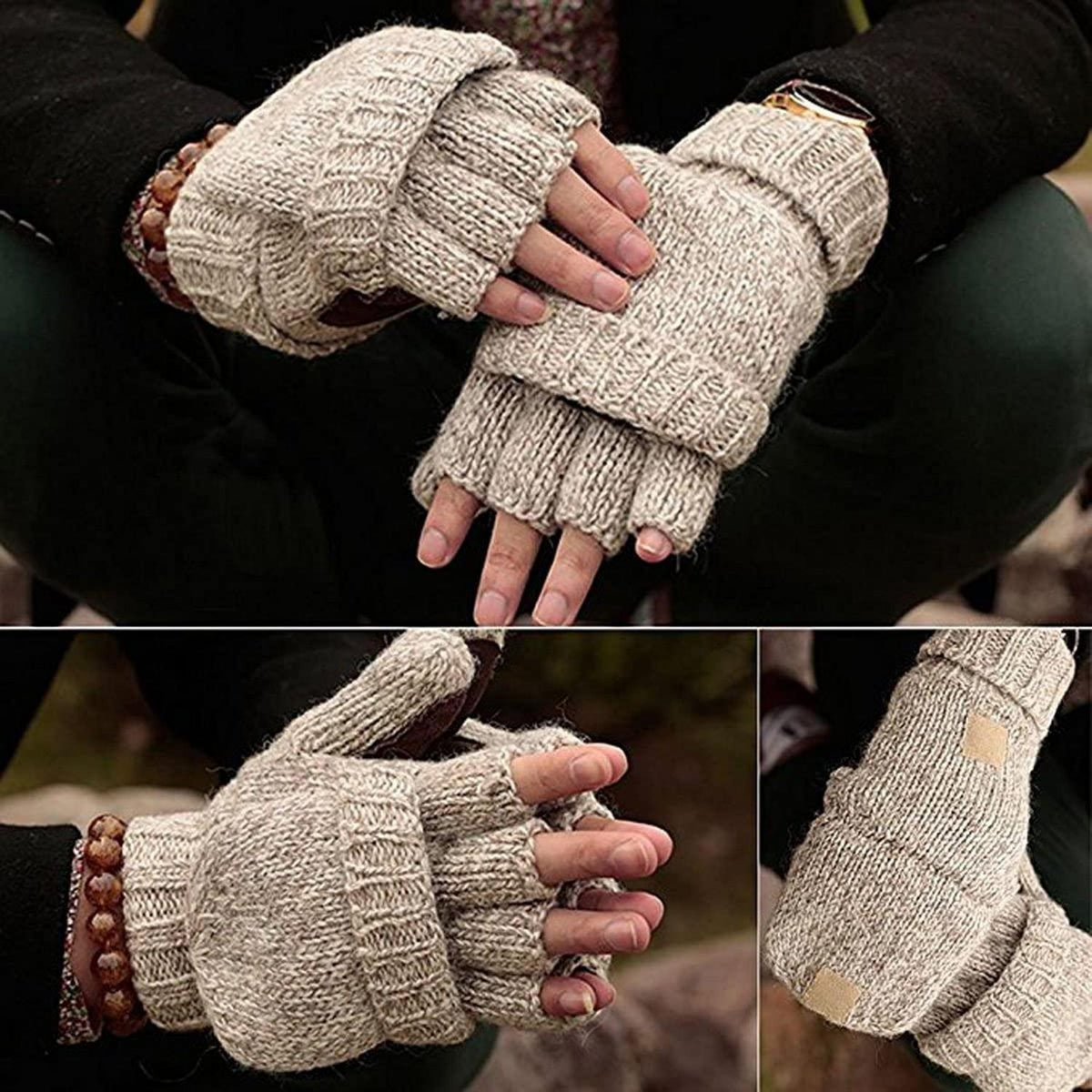 Damen Fingerlose Strickhandschuhe mit Klappfinger Vintage-Beige