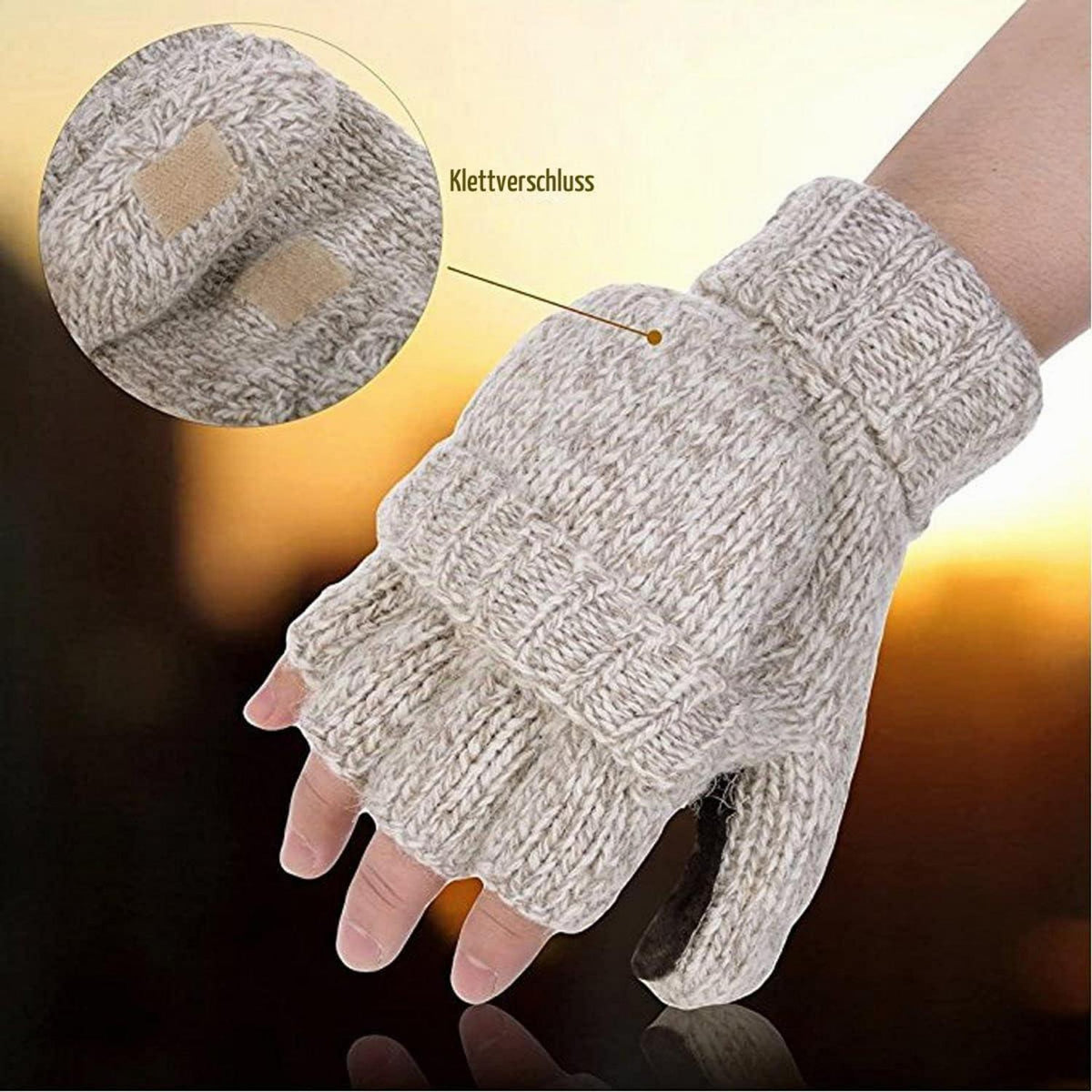 Damen Fingerlose Strickhandschuhe mit Klappfinger Vintage-Beige