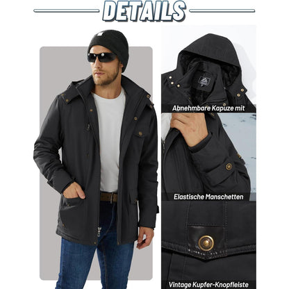 Herren Winterparka mit Kapuze & Cargo Taschen – Schwarz