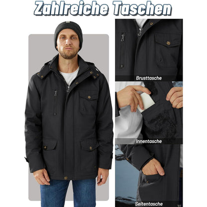 Herren Winterparka mit Kapuze & Cargo Taschen – Schwarz