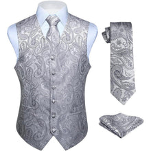 Herren Jacquard Weste Krawatte Einstecktuch Set Grau 5XL