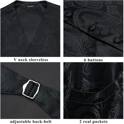 Herren Weste Krawatte Einstecktuch Set Jacquard 5XL Schwarz