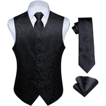 Herren Jacquard Weste Krawatte Einstecktuch Set Schwarz Seide