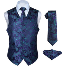 Herren Jacquard Weste Krawatte Einstecktuch Set Lila Grün