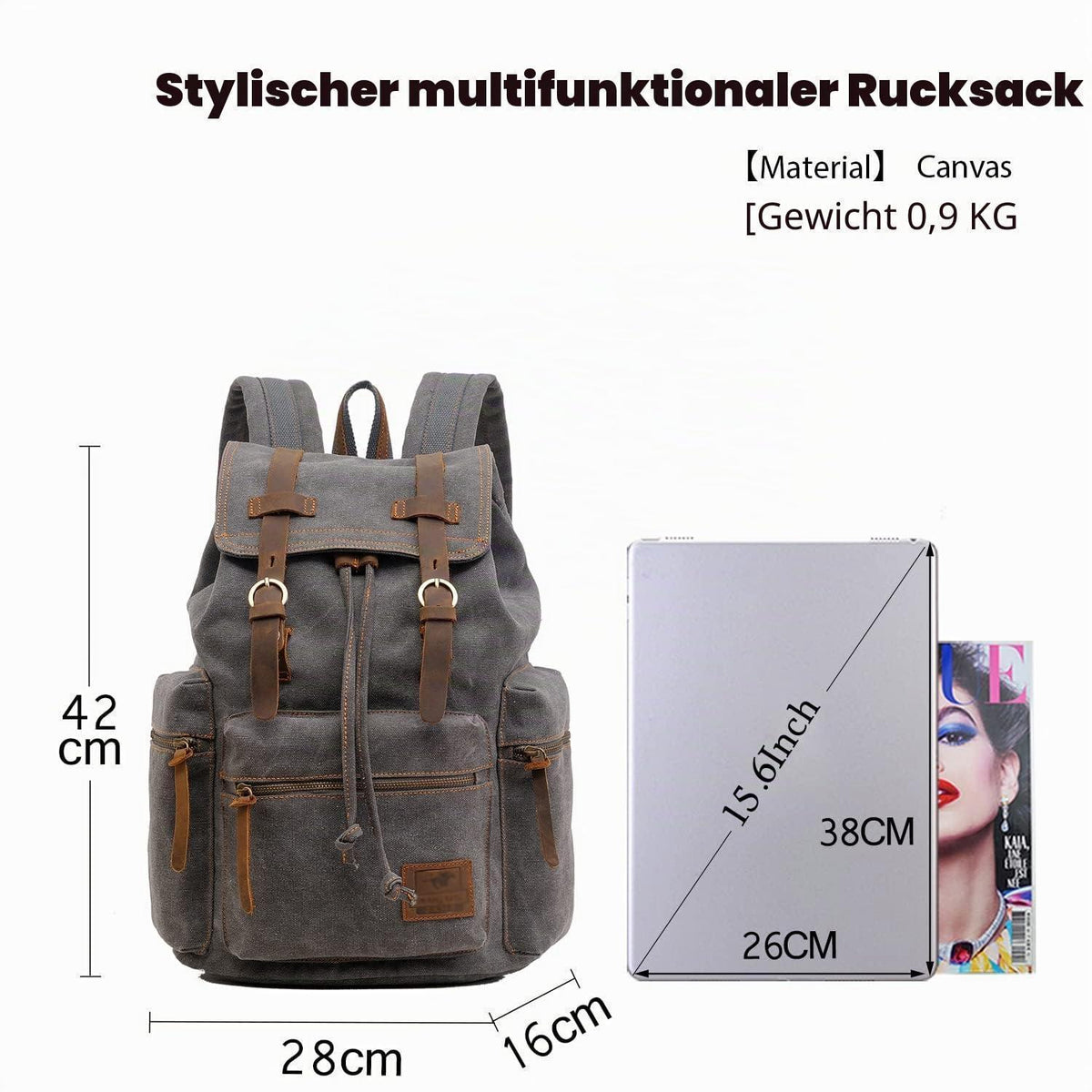 Leinwand Rucksack 15.6 Zoll Laptop Daypack Grau