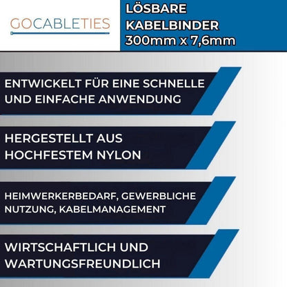 Wiederverschließbare Kabelbinder Schwarz 300mm - 100er Set