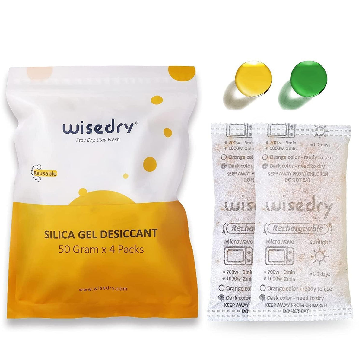 Silicagel Trockenmittel 50g (4er Pack) mit Feuchtigkeitsanzeige