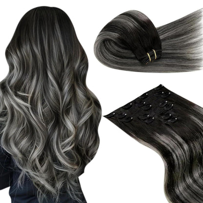 Clip-in Echthaar Extensions Ombre Schwarz Silber 55cm