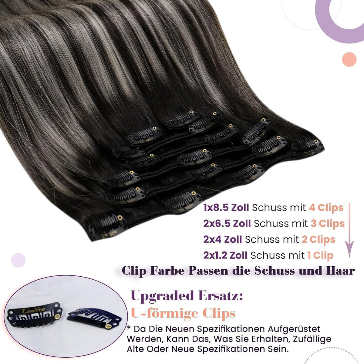 Clip-in Echthaar Extensions Ombre Schwarz Silber 55cm