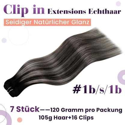 Clip-in Echthaar Extensions Ombre Schwarz Silber 55cm
