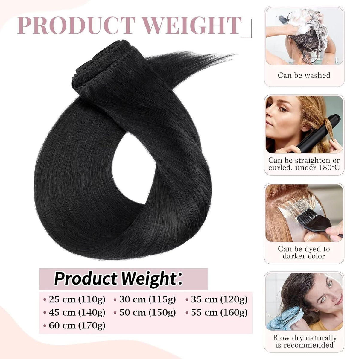 Echthaar Haarverlängerung Schwarz 50cm – Remy, Doppelt Tressen