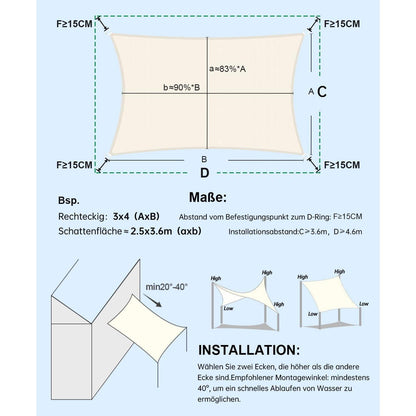 Wasserdichtes Sonnensegel 3x4m Cremeweiß UV-Schutz für Garten & Terrasse