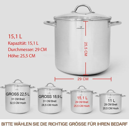 Großer Edelstahl-Suppentopf 15,1L mit Deckel – Nickelfrei & Robust