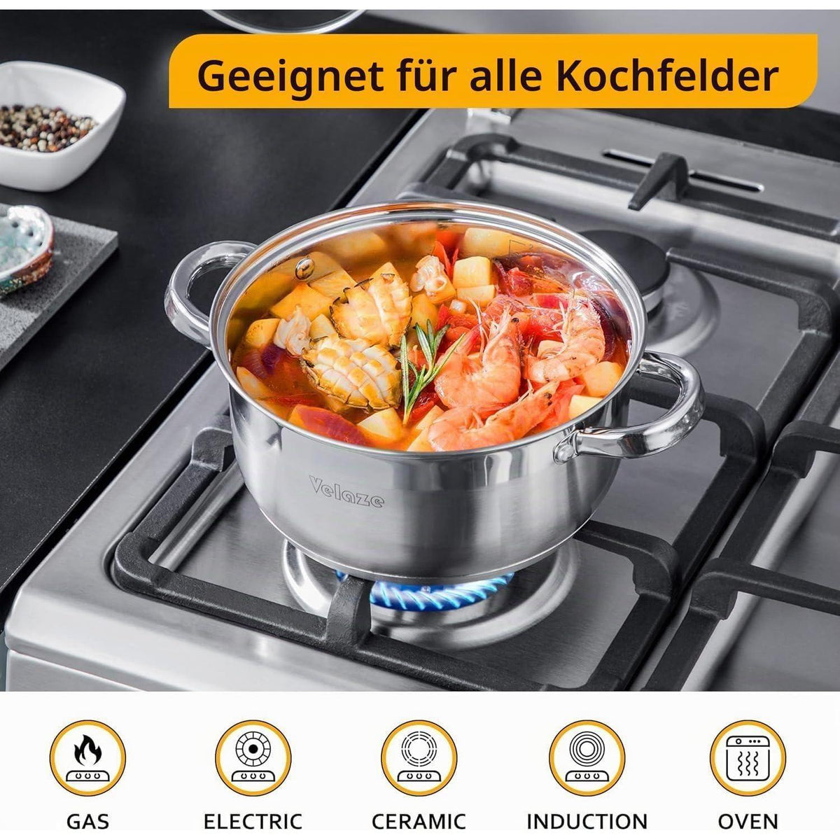 7-teiliges Edelstahl Kochtopf Set mit Glasdeckeln