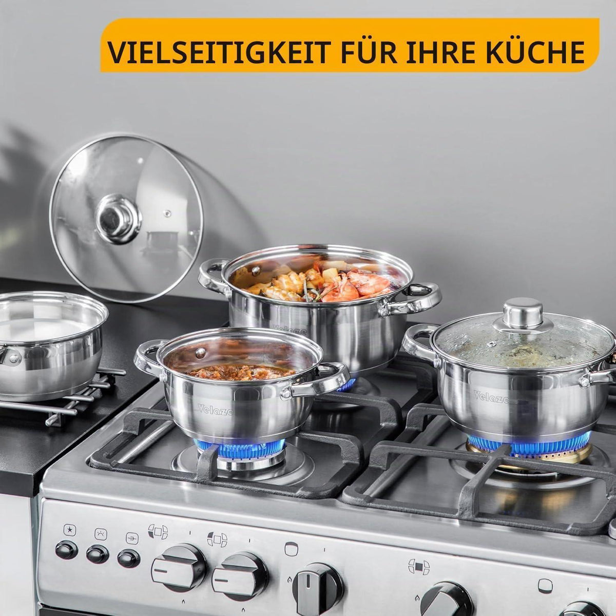 7-teiliges Edelstahl Kochtopf Set mit Glasdeckeln