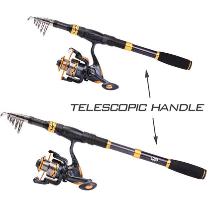 Angelset Kohlefaser Teleskoprute mit Spinnrolle und Zubehör