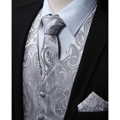 Herren Jacquard Weste Krawatte Einstecktuch Set Grau 6XL
