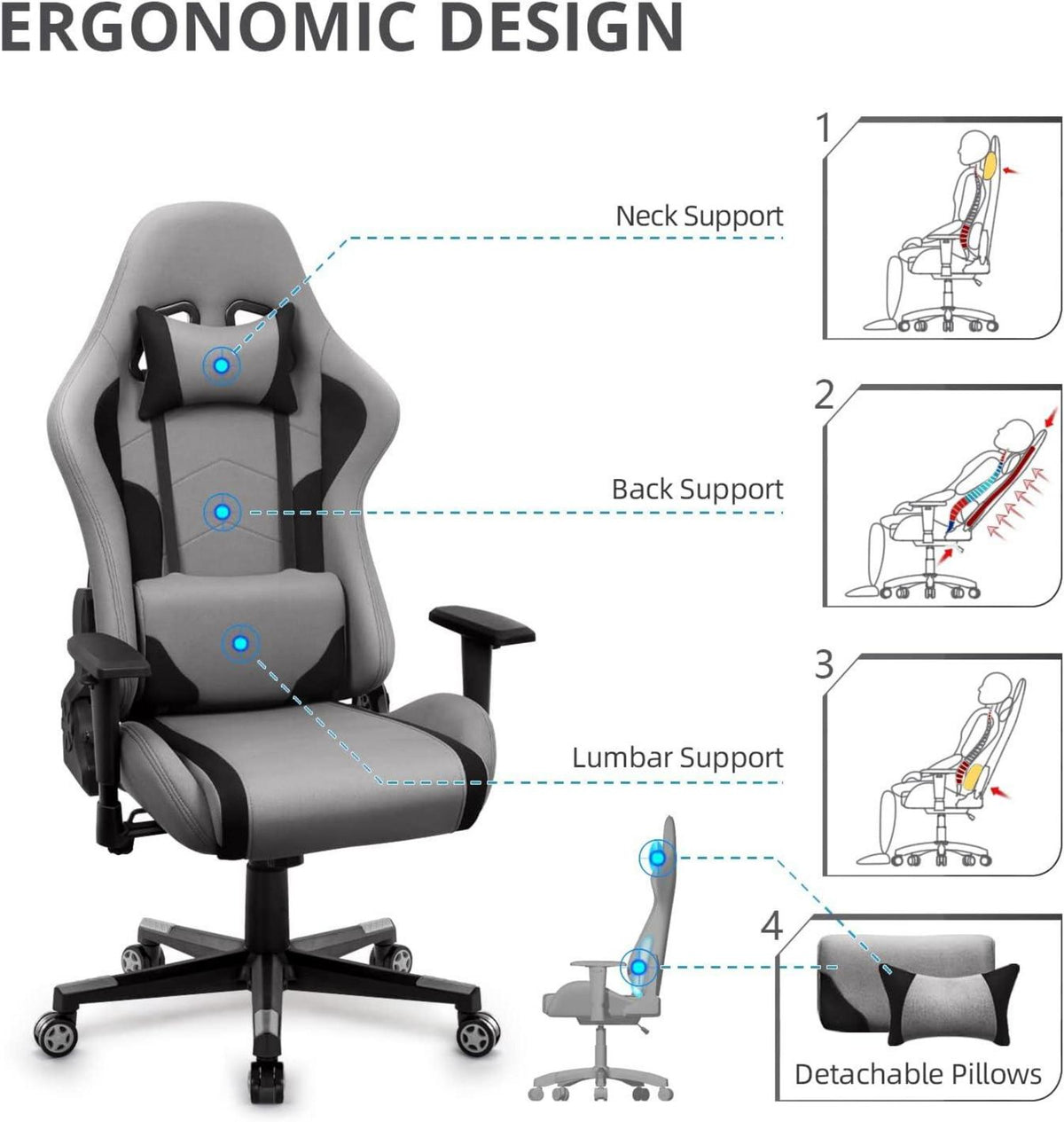 IntimaTe WM Heart Gaming Stuhl, Ergonomischer Zocker Racing Bürostuhl Grau