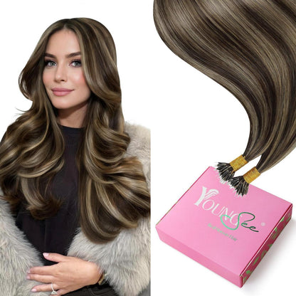 Dunkelbraunes Echthaar Nanoring Extensions 40cm - Karamellblond Highlight