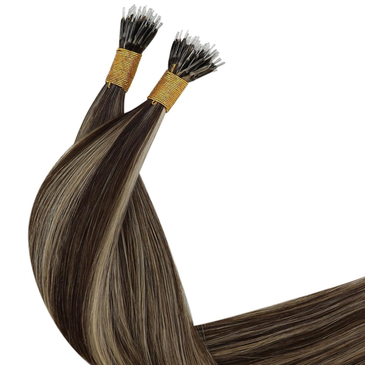 Dunkelbraunes Echthaar Nanoring Extensions 40cm - Karamellblond Highlight