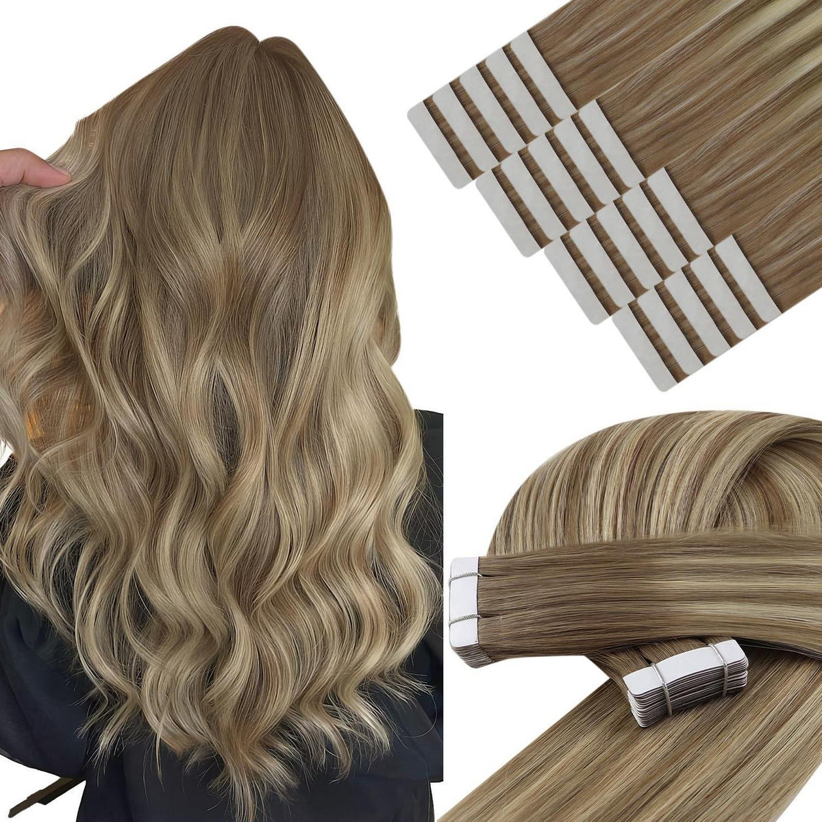 Echthaar Tape-in Extensions Hellbraun Ombre Blond 40cm