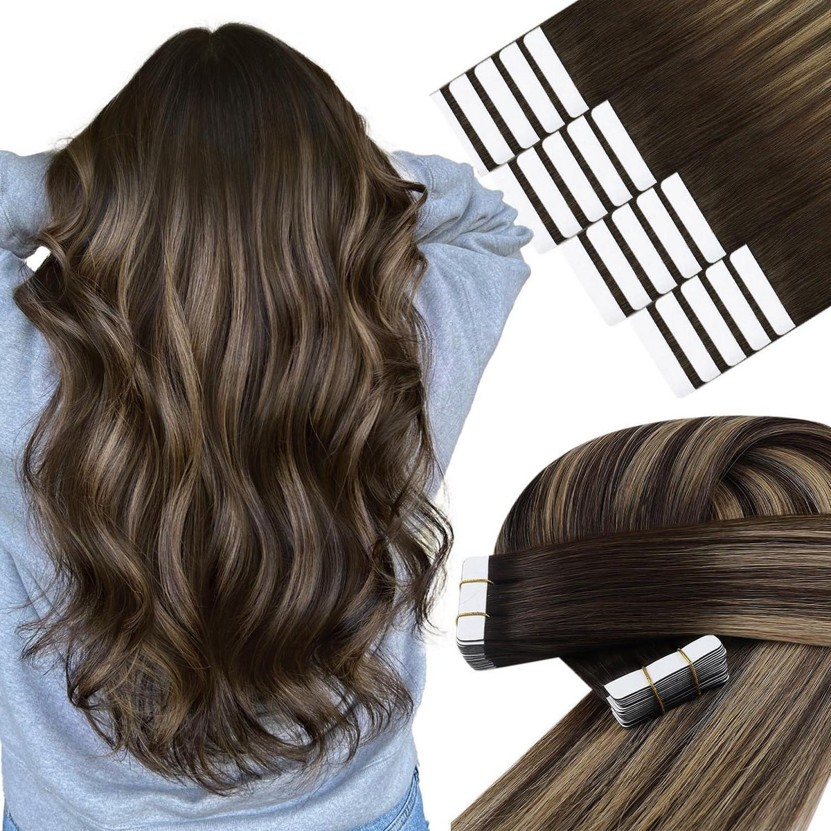 Echthaar Tape Extensions Ombre Braun Blond 45cm