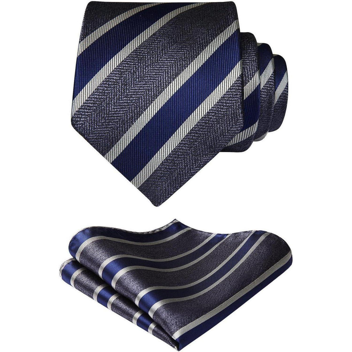 Herren Krawatten-Set mit Einstecktuch, gestreift, Grau & Marineblau