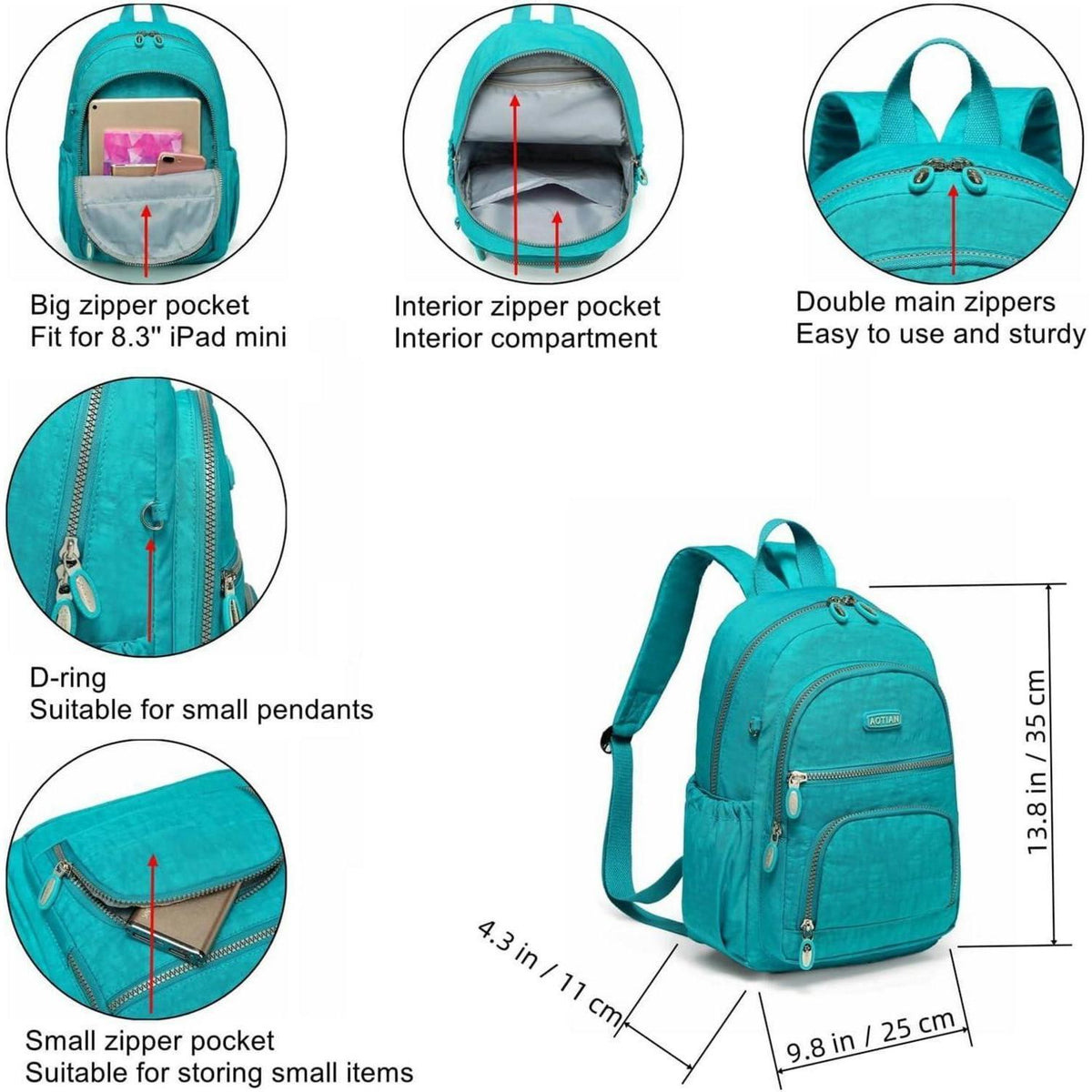 Damen Rucksack Klein Leicht Nylon Türkis 9L