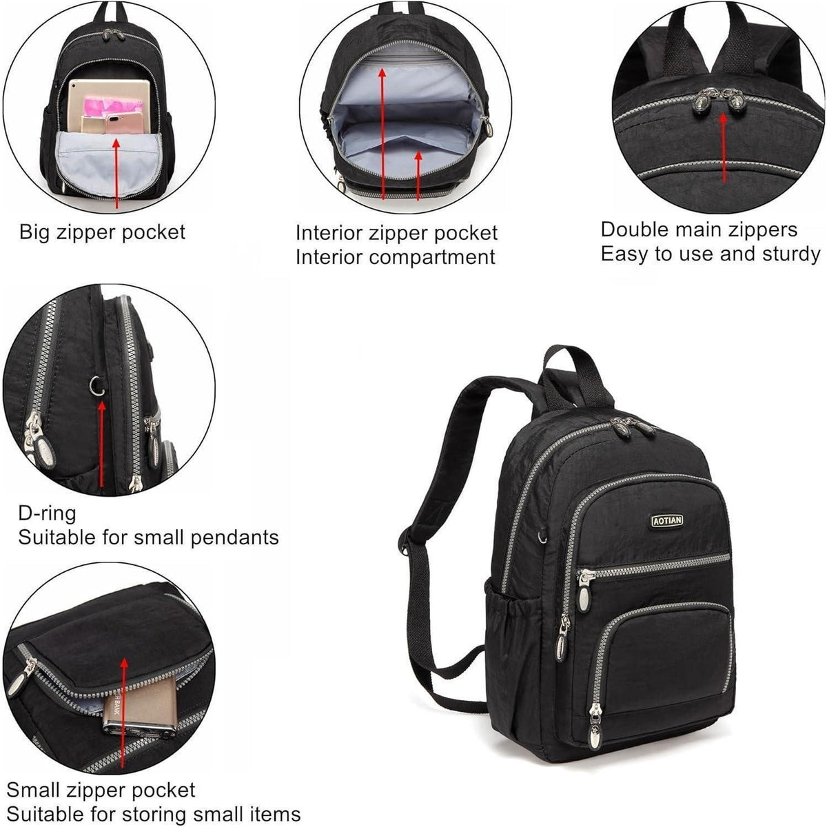 Damen Rucksack Nylon Leicht Klein 9L Schwarz