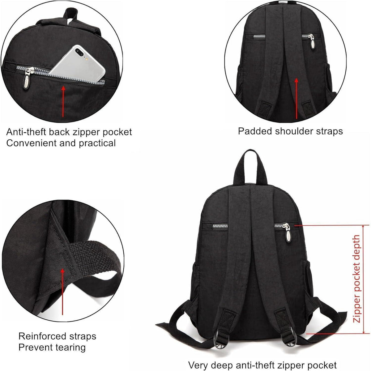 Damen Rucksack Nylon Leicht Klein 9L Schwarz