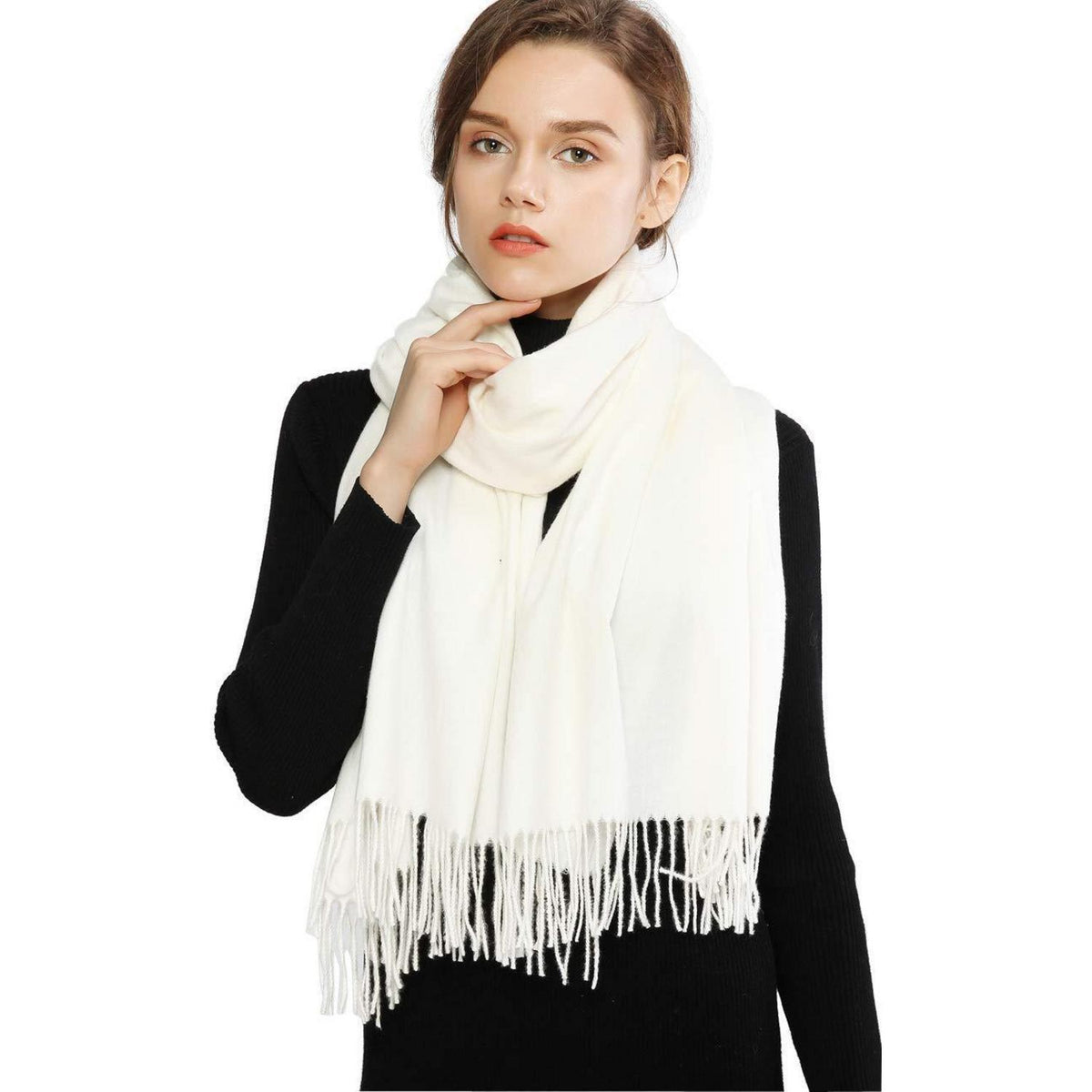 Kuscheliger Damen Schal Winter mit Fransen | Cremefarben