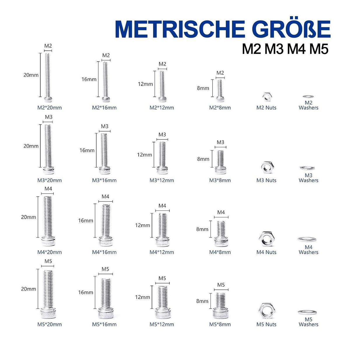 Edelstahl Schrauben Sortiment M2-M5 mit Muttern & Unterlegscheiben